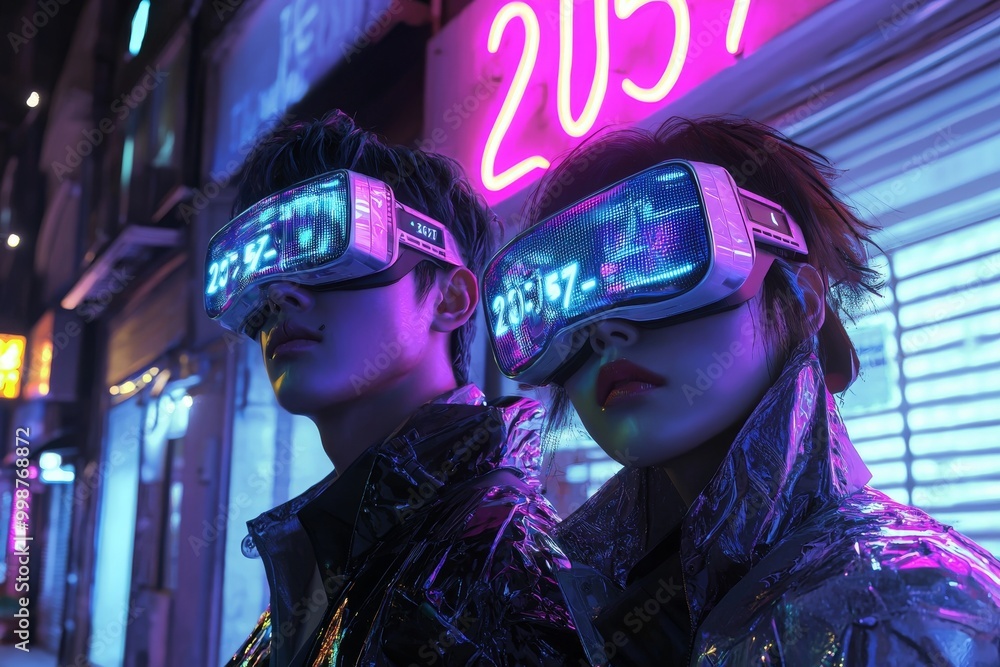 Poster using vr glasses to look into the metaverse. generative interface design.