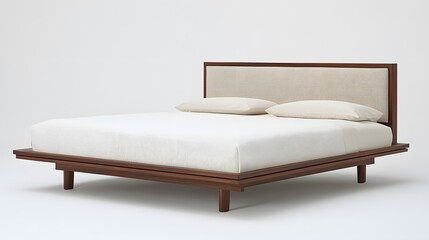 A portrait photo of a simple, minimal bed with neutral bedding and a clean headboard, evoking a peaceful and calm bedroom atmosphere.