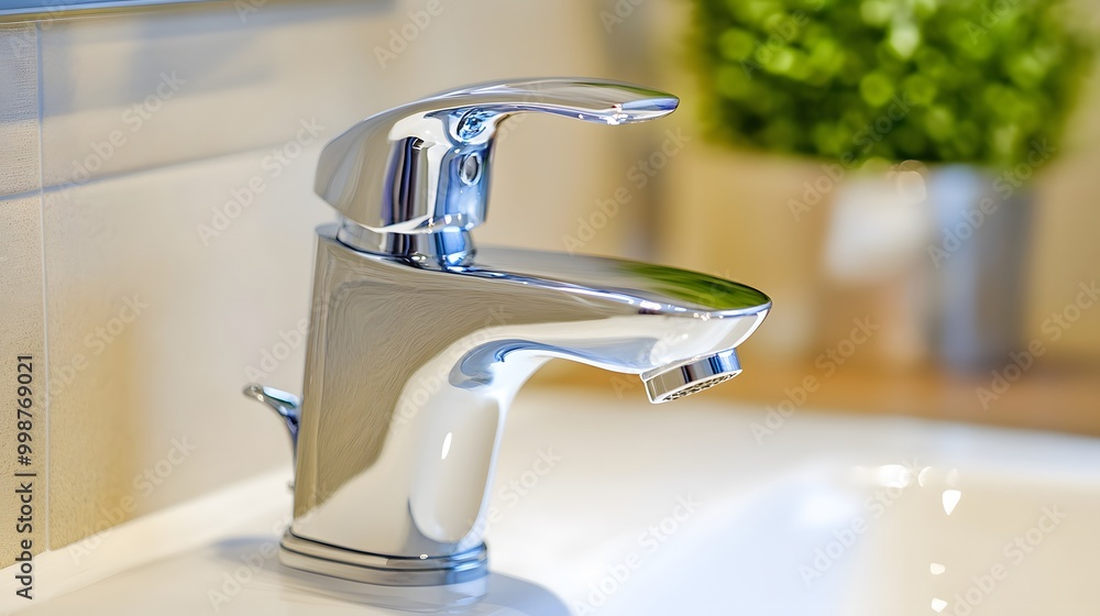 Poster a closeup shot of a minimalist faucet and sink with clean, polished surfaces, creating a calm and or