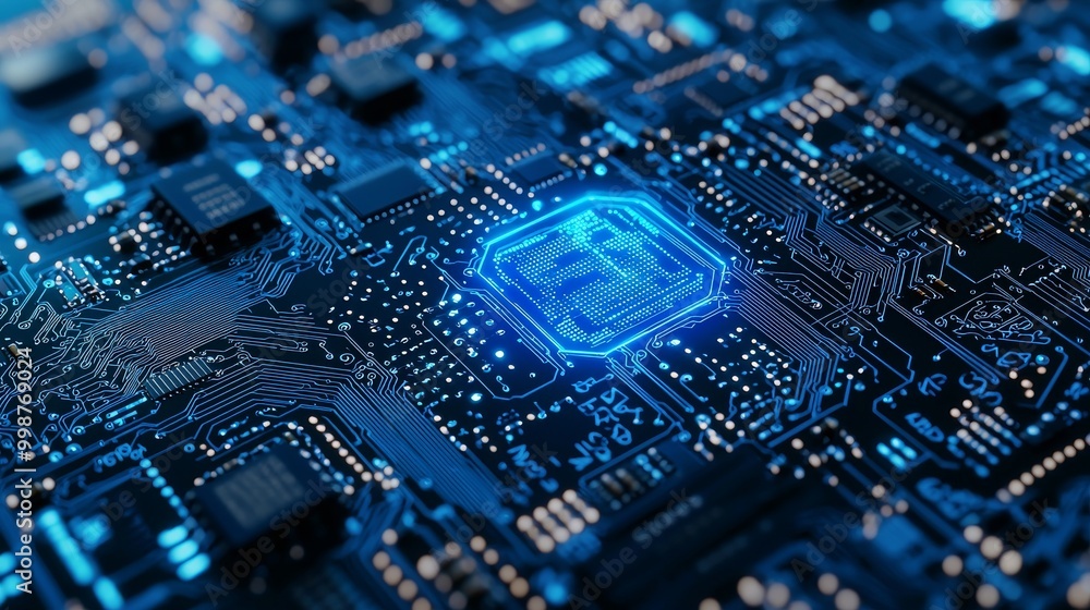 Poster data flows between the cpu and the user across a futuristic motherboard in this sound technology con