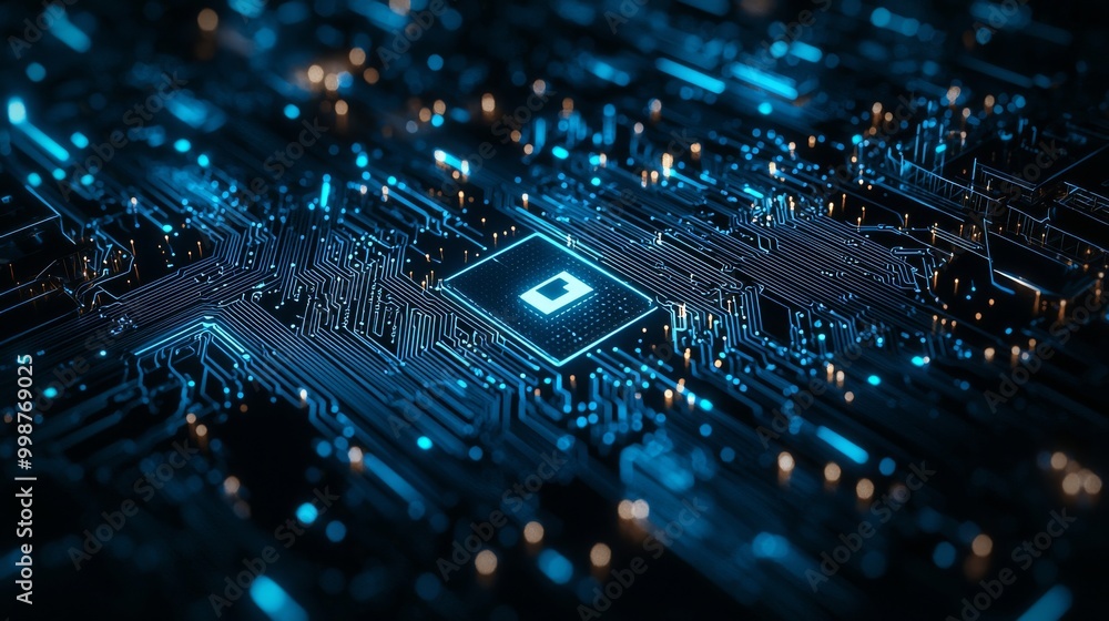 Poster conceptual image showing a map pin on a microchip, with data flowing from the cpu to a futuristic mo