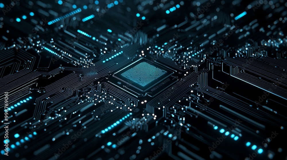 Poster concept of energy technology with battery symbol on a microchip. the data flows from the cpu across 