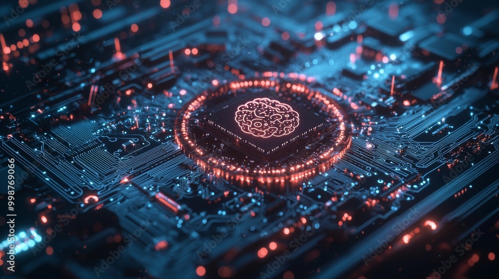 Poster conceptual technology with cog symbol on a microchip. white neon data flows between the cpu and the 