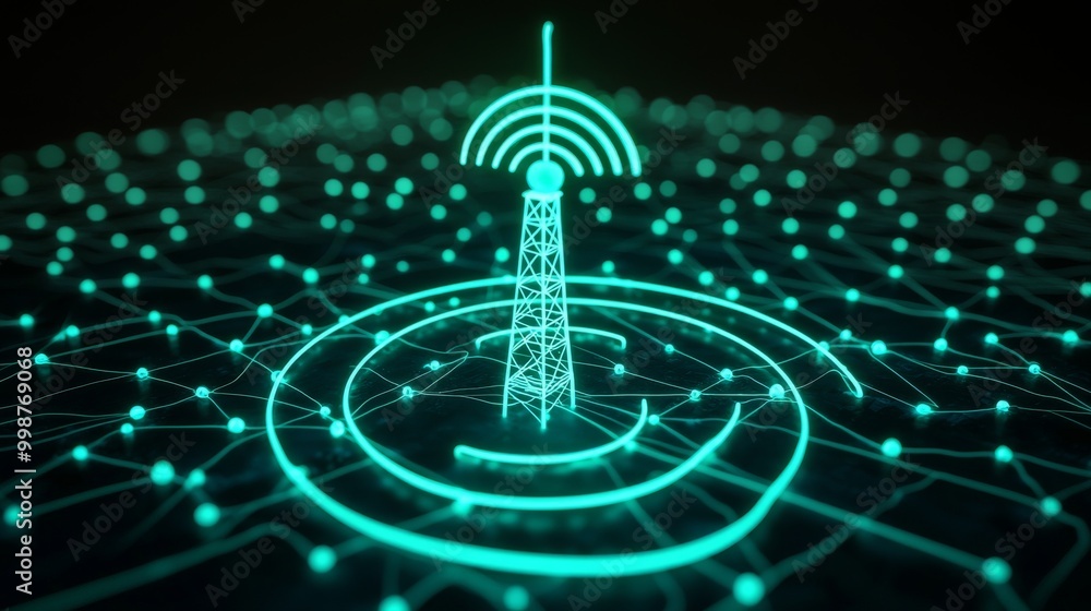 Poster 3d rendering of the green wireless technology concept with a neon wifi symbol. the rendering shows t