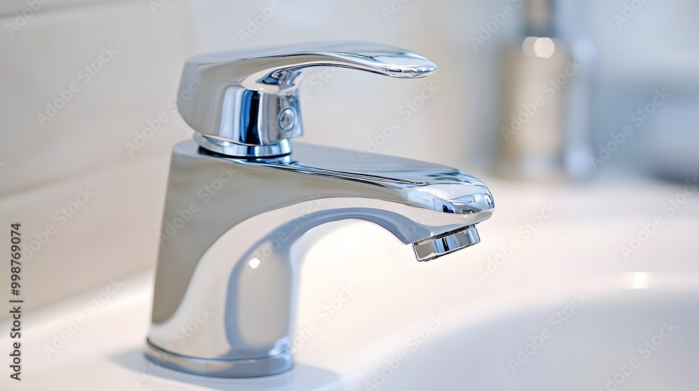 Poster a closeup shot of a minimalist faucet and sink with clean, polished surfaces, creating a calm and or