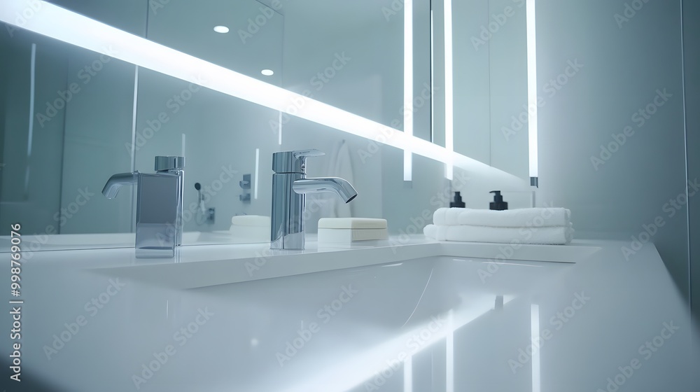 Poster a closeup shot of a minimalist faucet and sink with clean, polished surfaces, creating a calm and or