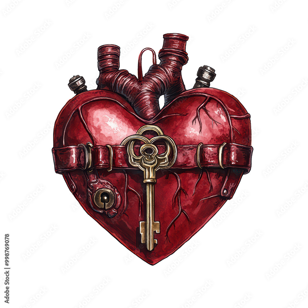 Poster artistic heart design with key and pipes isolated on transparent background.