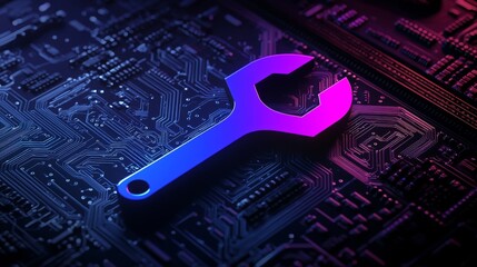 Fototapeta premium Configuration of technology in pink and blue with neon light symbol. The icon is a vibrant colored icon on a black background with a high tech floor. 3D rendering.