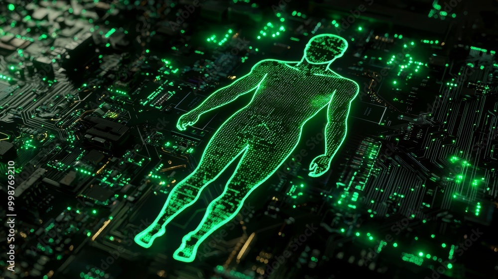 Poster an animated 3d rendered of a green neon light user icon on a black background with a high tech floor