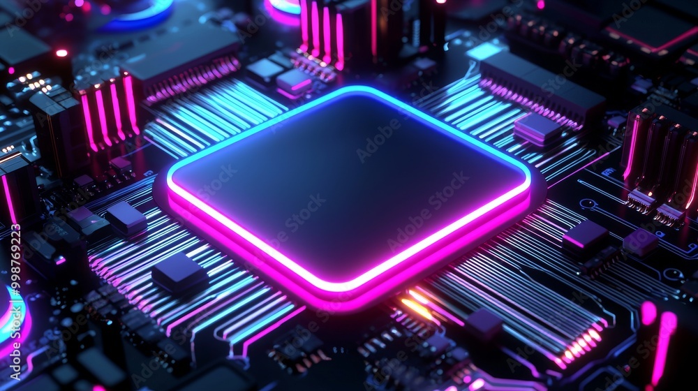 Poster monitor icon with pink and blue neon lights. display technology icon on black background over high t