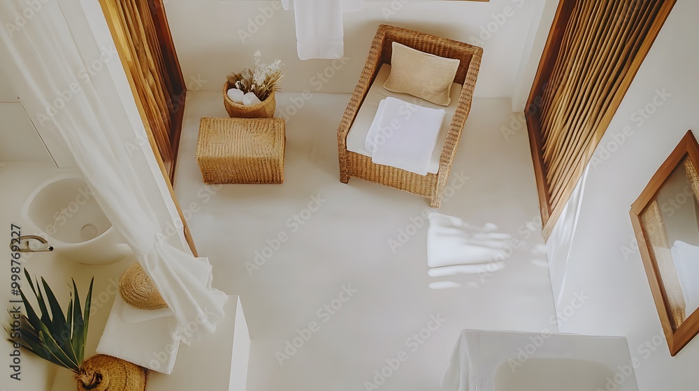 Poster A birds-eye view of a minimalist bathroom with a clean white sink, neutral accessories, and a neatly folded towel, creating a calm and uncluttered atmosphere.