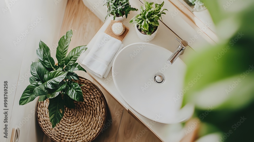 Poster A birds-eye view of a minimalist bathroom with a clean white sink, neutral accessories, and a neatly folded towel, creating a calm and uncluttered atmosphere.