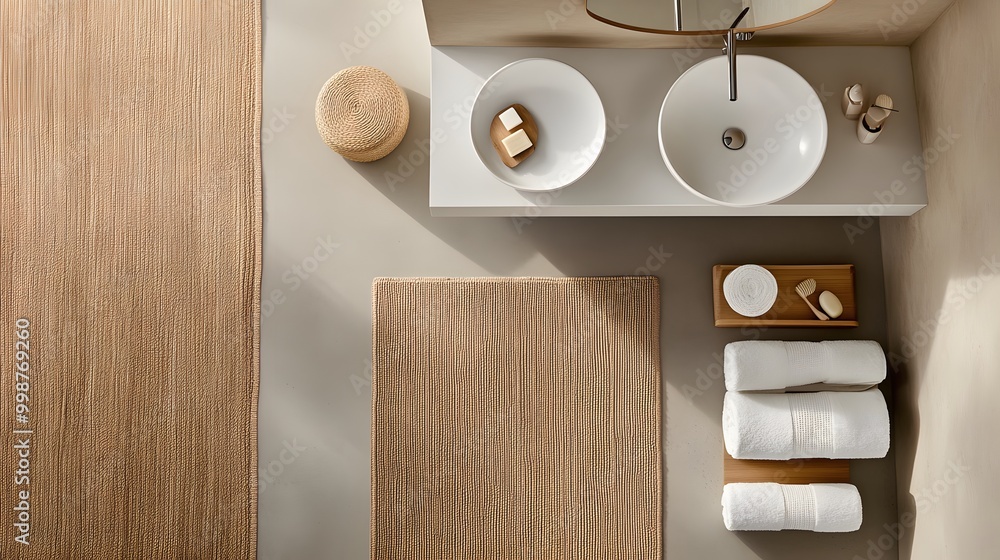 Poster A birds-eye view of a minimalist bathroom with a clean white sink, neutral accessories, and a neatly folded towel, creating a calm and uncluttered atmosphere.