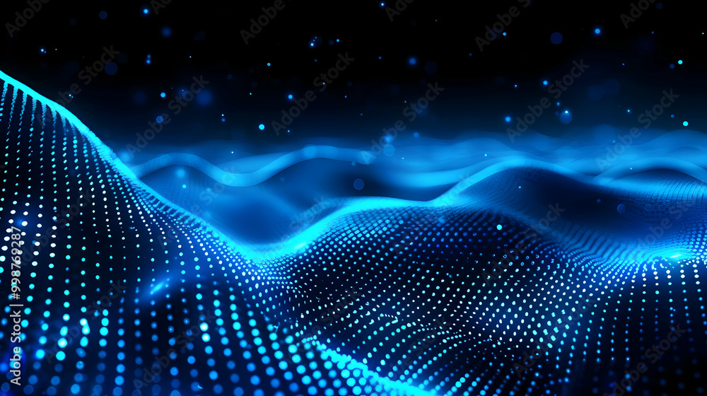 Poster abstract blue dotted 3d wave background with glowing lights and bokeh effect