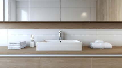 Fototapeta premium A portrait shot of a minimalist bathroom featuring a modern sink, neutral decor, and a simple towel hanging, creating a peaceful and organized space.