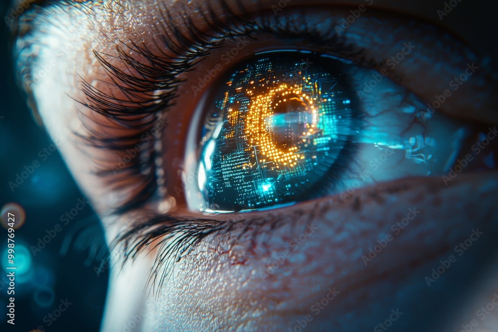 Poster stock photo of a futuristic digital eye close-up with circuit patterns