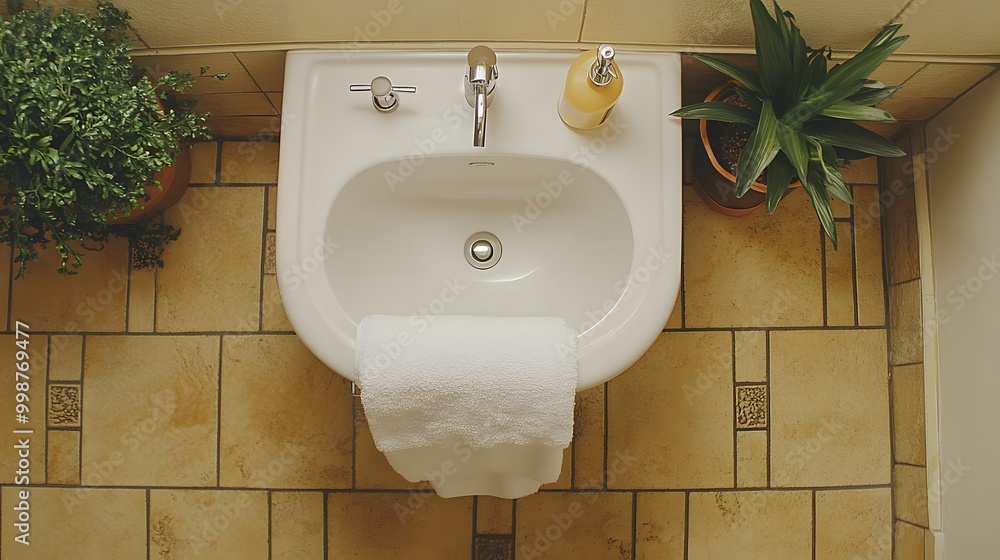 Poster A birds-eye view of a clean and simple bathroom setup with a neutral color scheme, featuring a single towel and soap dispenser.