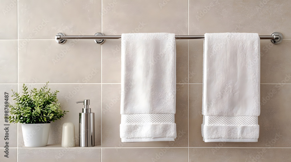 Poster A birds-eye view of a clean and simple bathroom setup with a neutral color scheme, featuring a single towel and soap dispenser.