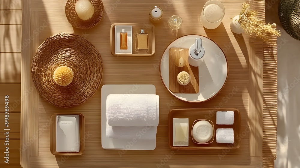 Poster A birds-eye view of a clean and simple bathroom setup with a neutral color scheme, featuring a single towel and soap dispenser.
