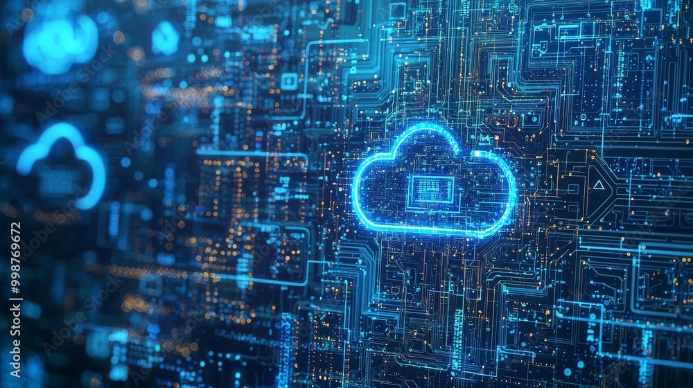 Poster object with cloud download symbol on a microchip. data flows between the cpu and the user across a f