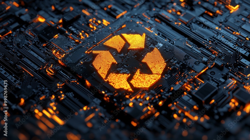 Poster this is an eco-tech concept with a recycle symbol on a chip. data flows from the cpu across a futuri