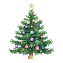 Fototapeta premium Christmas tree with colorful ornaments and a star on top isolated on transparent background.