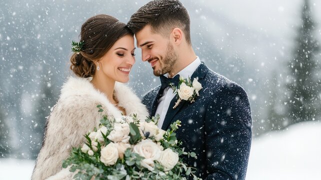 A joyful couple embraces in a snowy setting, surrounded by falling snowflakes and a beautiful bouquet, conveying love and warmth on their special day.