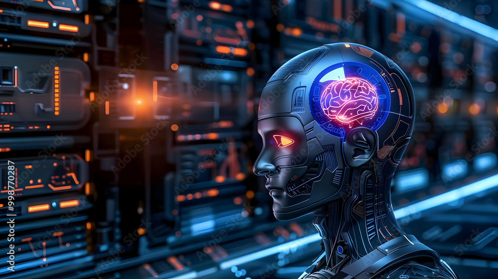 Poster 3d rendered illustration of a futuristic robot head with a visible brain inside a server room settin