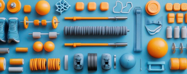 A colorful flat lay of various gym equipment and accessories, ideal for fitness enthusiasts and health-related projects.