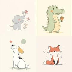 set of animals on light backdrop front view. stickers with different cute animals with different emotions.  funny happy elephant, crocodile, dog, fox isolated on background