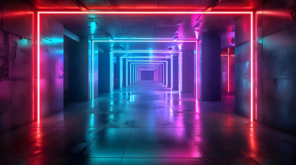 Fototapeta premium 3D Render of an Abstract Neon-lit Corridor with Pink and Blue Lights, Reflecting on the Wet Concrete Floor, Creating a Futuristic and Glowing Ambiance