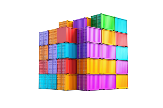 Colorful shipping containers stacked for logistics and transport isolated on transparent background.