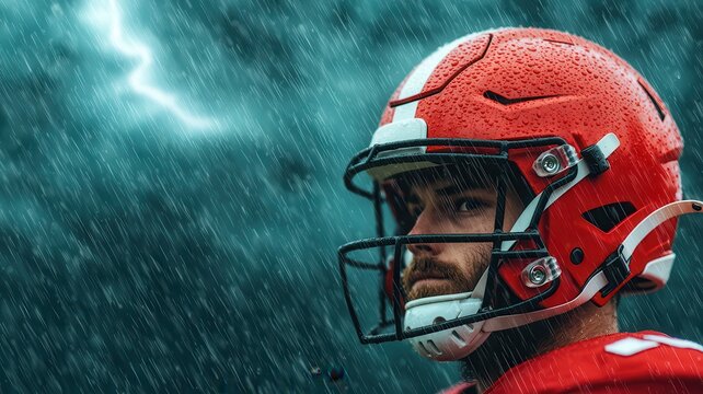 A focused football player in a red helmet stands under a storm with rain and lightning, showcasing determination and resilience.