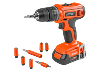 Cordless drill with interchangeable bits isolated on transparent background.
