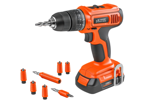 Cordless drill with interchangeable bits isolated on transparent background.