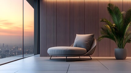 A closeup of a minimalist balcony setup featuring a simple chair and a potted plant, with soft natural light enhancing the luxury aesthetic.