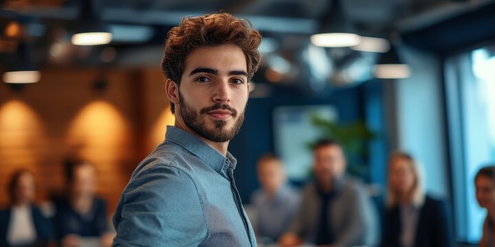 Entrepreneur Pitching to Investors a young entrepreneur in casual business attire presenting a pitch to a group of investors in a stylish office  - Powered by Adobe