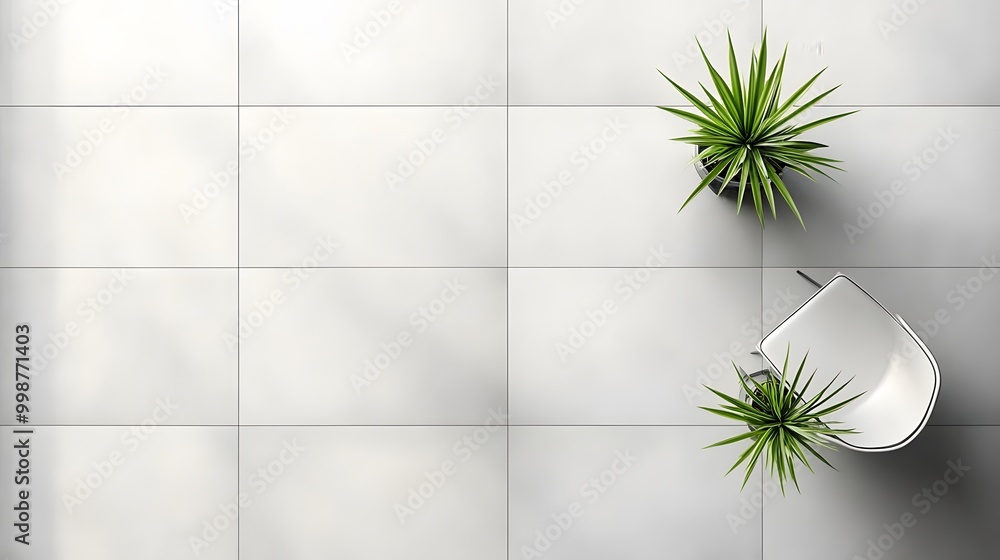 Poster a birds-eye view of a clean and modern balcony with neutral tones, featuring a minimalist seating ar