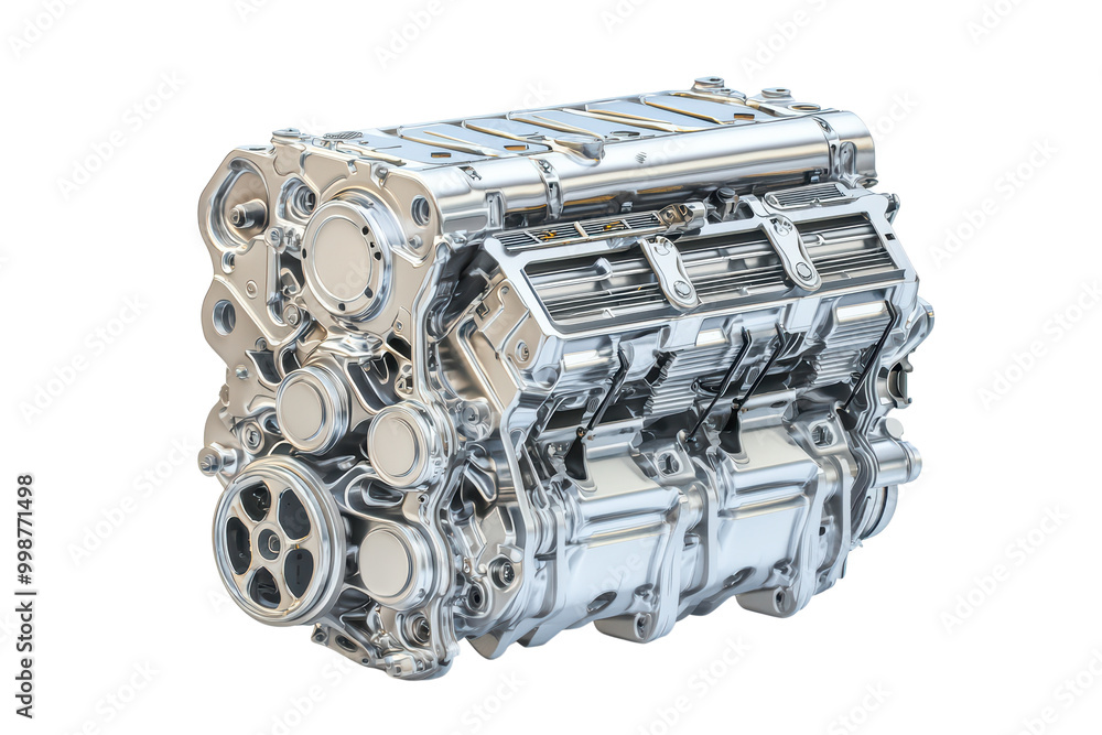Poster detailed chrome engine part isolated on transparent background.