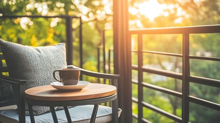 A closeup of a sleek balcony chair with a soft cushion and a side table holding a single cup of coffee, reflecting minimalist luxury in an outdoor setting.