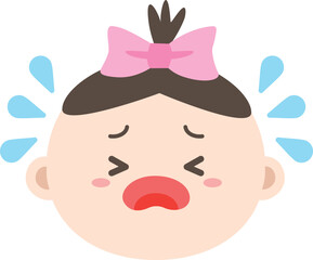 Baby girl crying with sad face icon illustration.