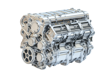 Detailed chrome engine part isolated on transparent background.
