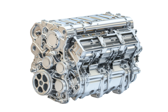 Detailed chrome engine part isolated on transparent background.