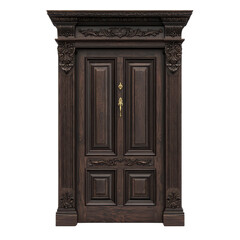 Elegant wooden door with intricate carvings isolated on transparent background.