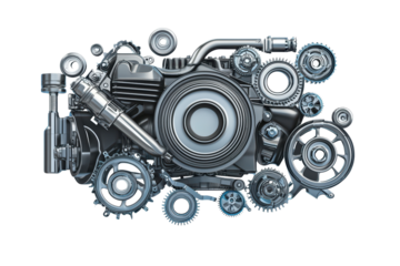 Engine with gears, mechanical parts isolated on transparent background.