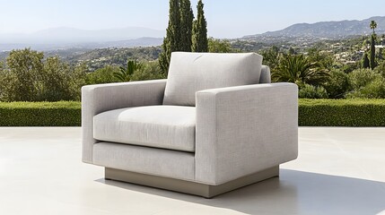 A portrait shot of a stylish balcony lounge chair with a neutral-toned cushion, minimalist decor, and soft lighting, creating a peaceful and luxurious retreat.