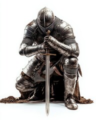 A knight in gleaming armor, kneeling with a sword planted in the ground, paying homage, isolated on white background