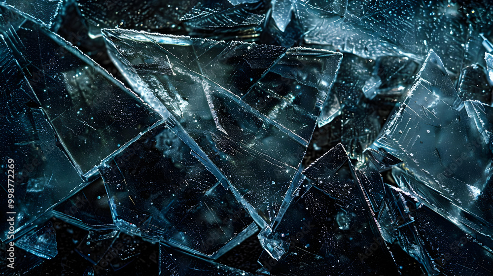 Poster close-up macro photography of fragmented ice with a blue-green hue and glimmering water droplets, cr