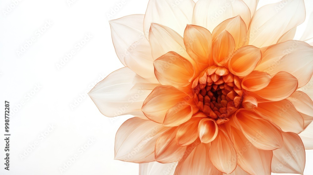 Poster a soft orange dahlia, its many translucent layers catching light against the simple white background