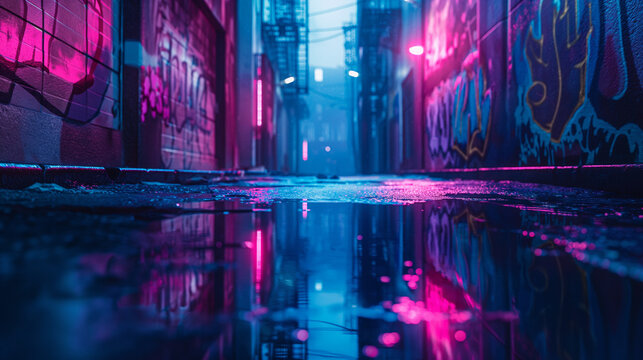 A dark and gloomy cyberpunk alleyway with neon lights, puddles on the ground, graffiti on walls, cinematic photography, atmospheric, moody lighting in blue with pink light reflections